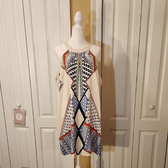 Geometric Patterned Dress in Cream and Blue - Picture 1 of 5